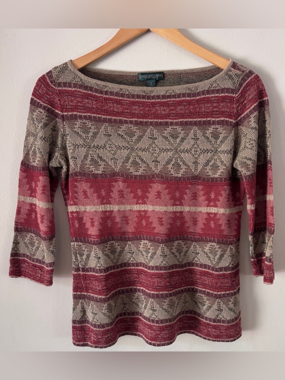 Y2K Vintage 1990s Ralph Lauren Aztec Print
Linen Cotton 3/4 Sleeve Sweater